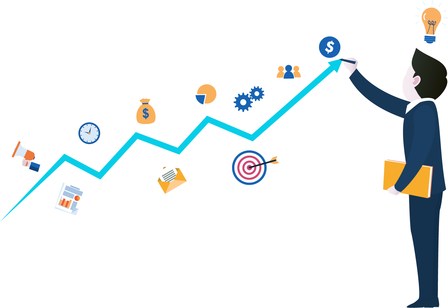 image of a man stood next to a chart with an upward trend showing progress